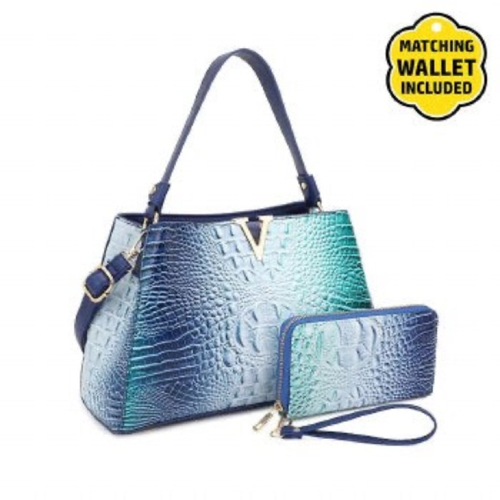 Elegant Blue Gradient Handbag with Matching Wallet